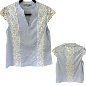 MARC NEW YORK Blue & White Pinstripe w/White Lace Sleeveless Vneck Top | Size: S